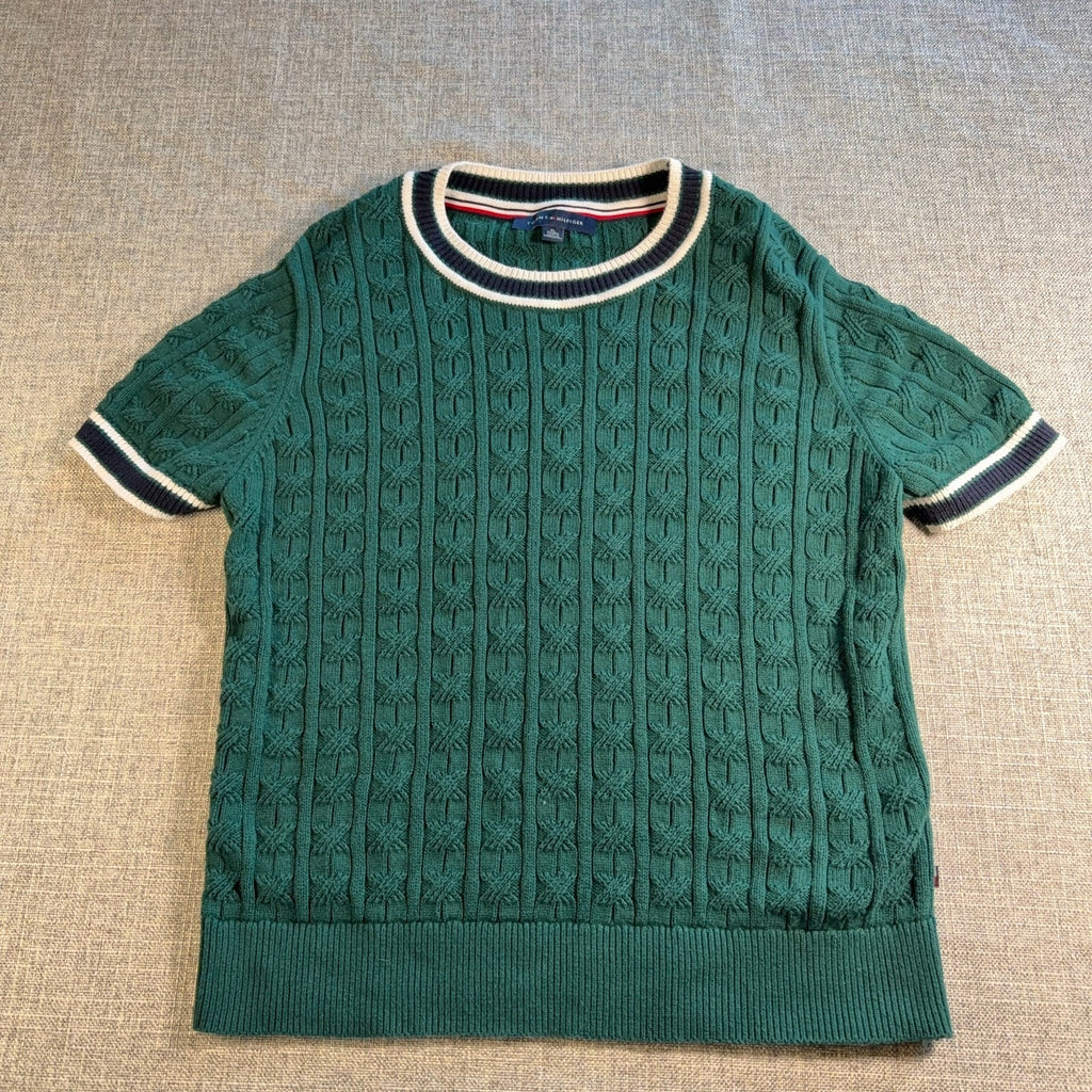 Tommy Hilfiger Cable Knit Sweater Shirt Mens XL Green Short Sleeve Cotton Preppy