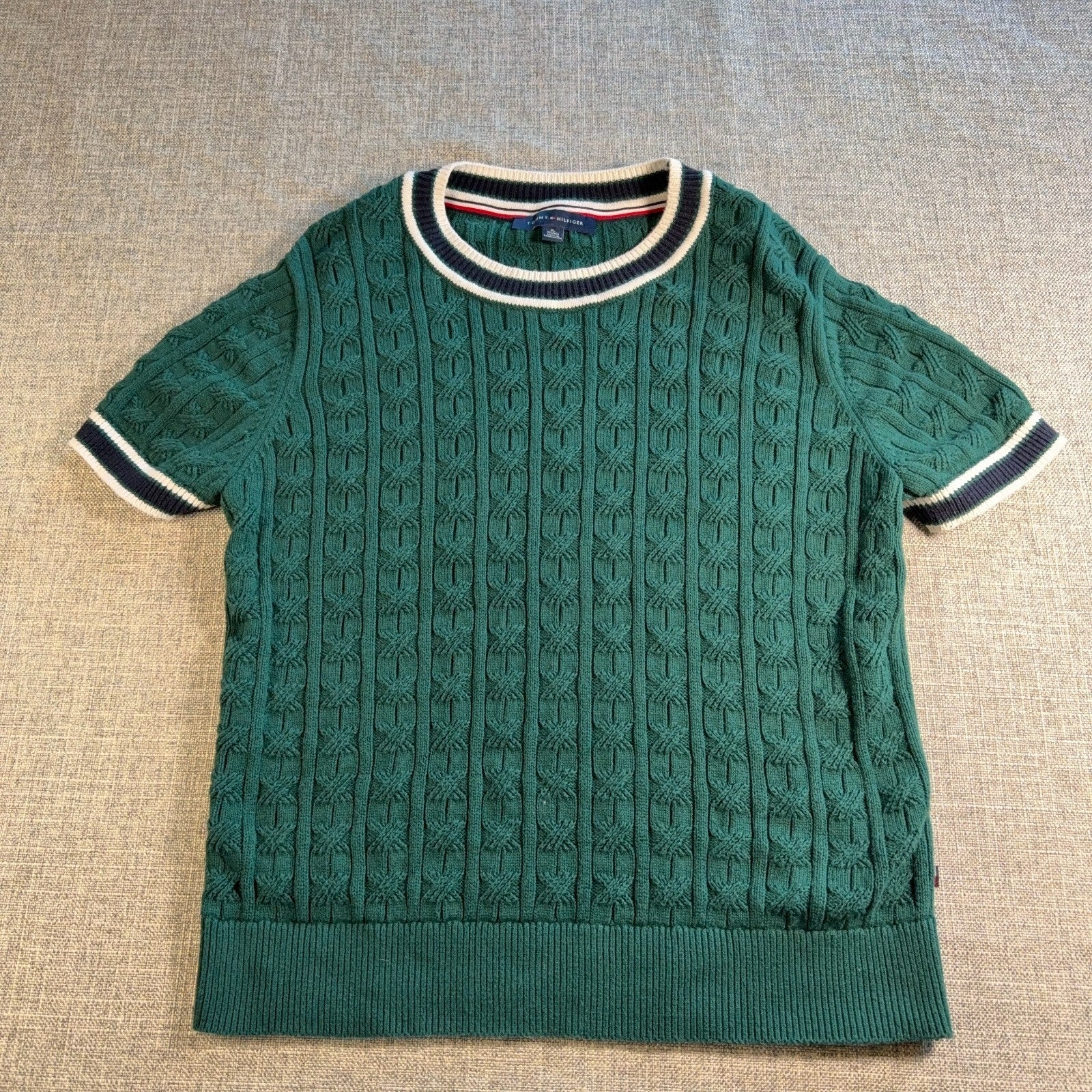Tommy Hilfiger Cable Knit Sweater Shirt Mens XL Green Short Sleeve Cotton Preppy