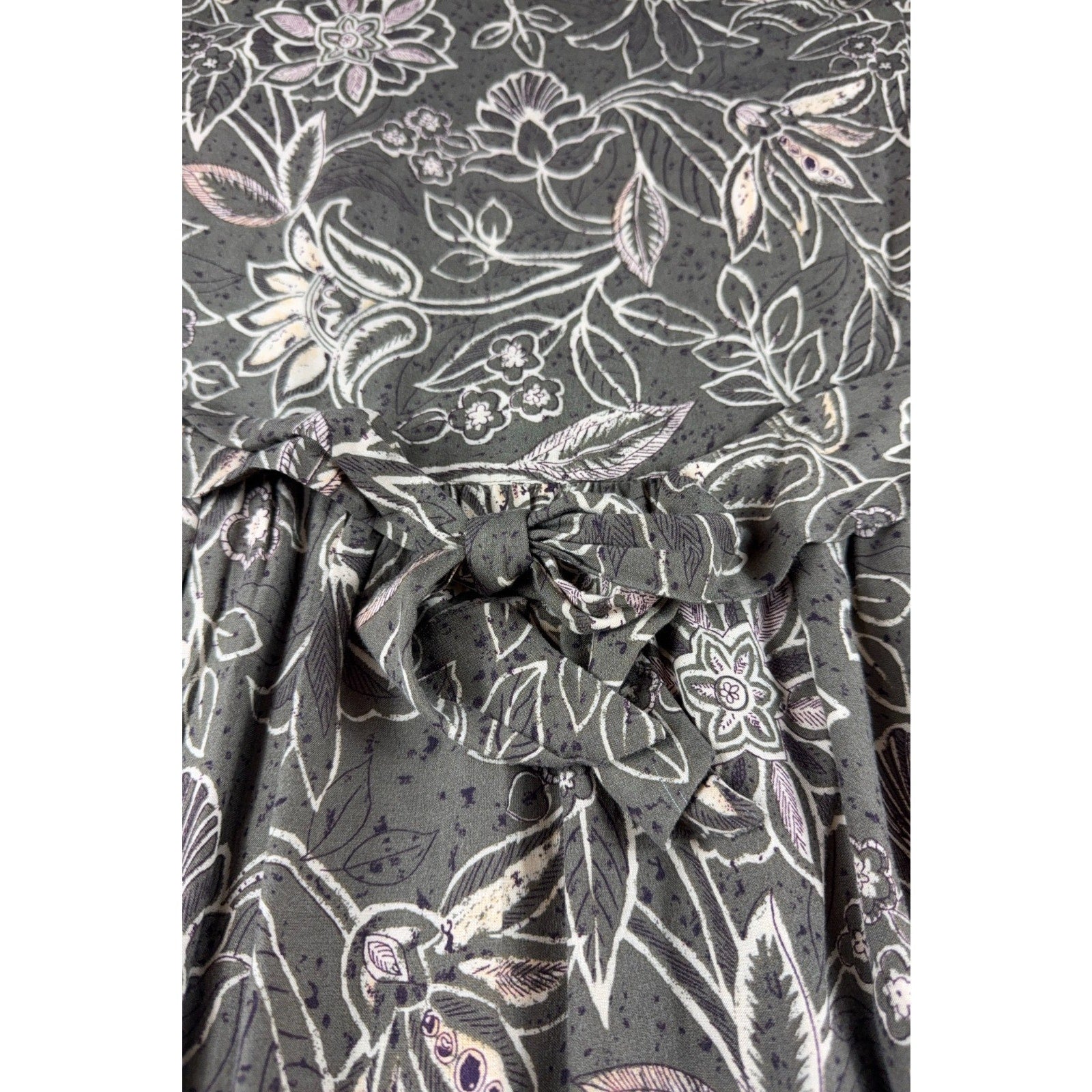 Molly Malloy Petite Maxi Dress Olive Floral Border Print Boho Pockets Tie Back