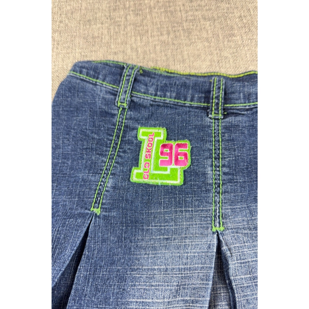 Old Skool Denim Pleated Mini Skirt Womens 20 Y2K Patch Neon Stitch Plus Size