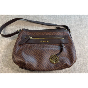 Liz Claiborne Brown Monogram Shoulder Bag Purse Faux Leather Geometric