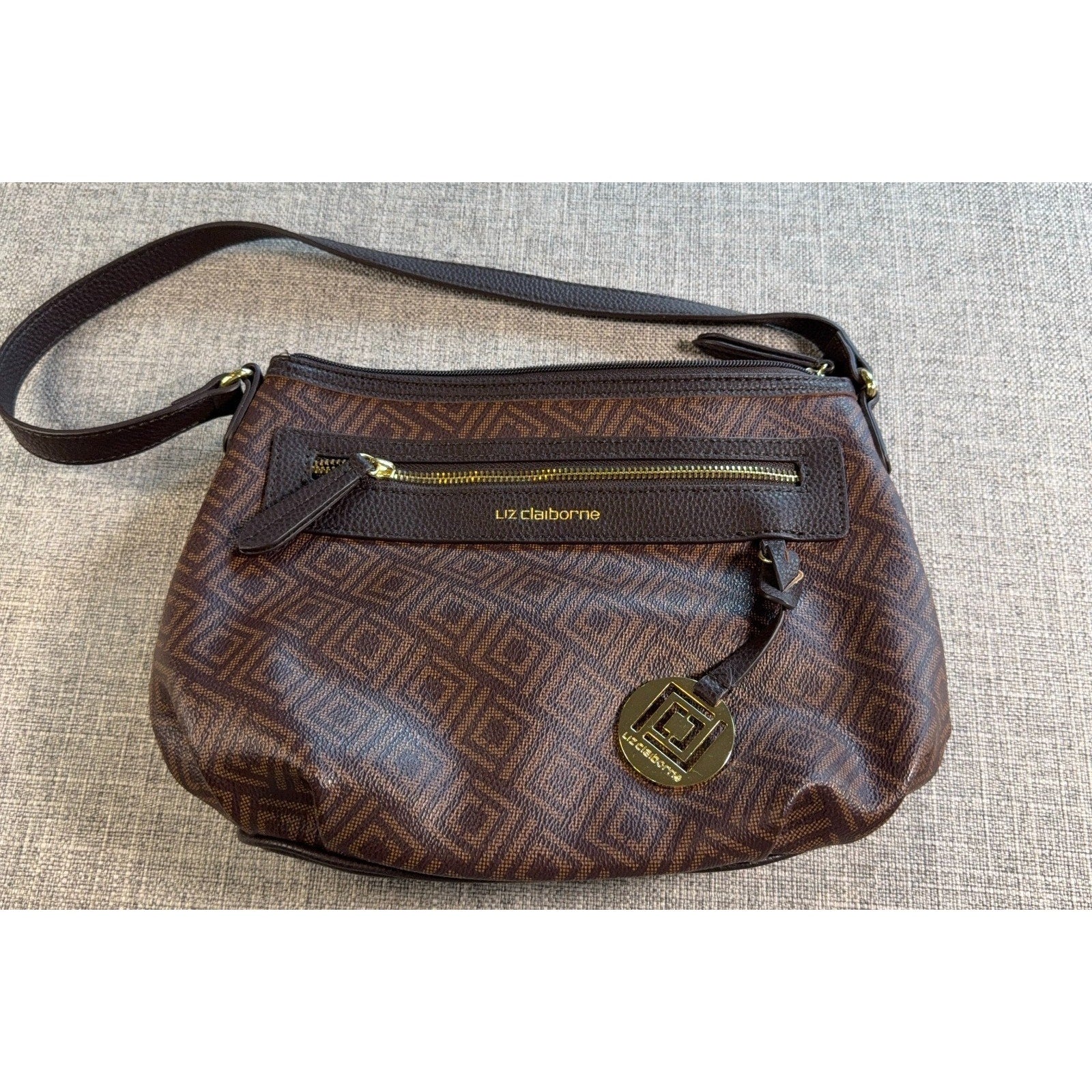 Liz Claiborne Brown Monogram Shoulder Bag Purse Faux Leather Geometric