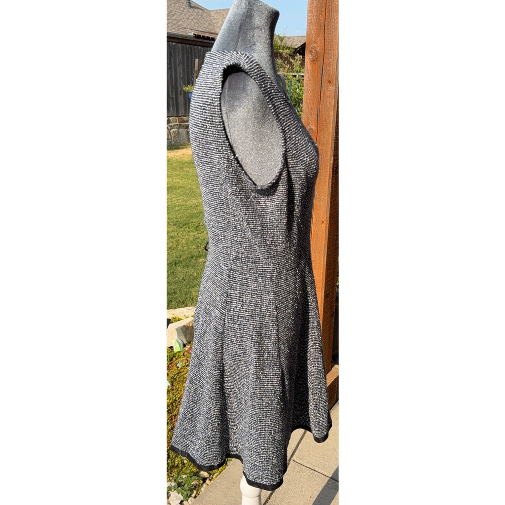 Theory Womens Size 8 Tweedscape Fit Flare Dress Black White Sleeveless Zip