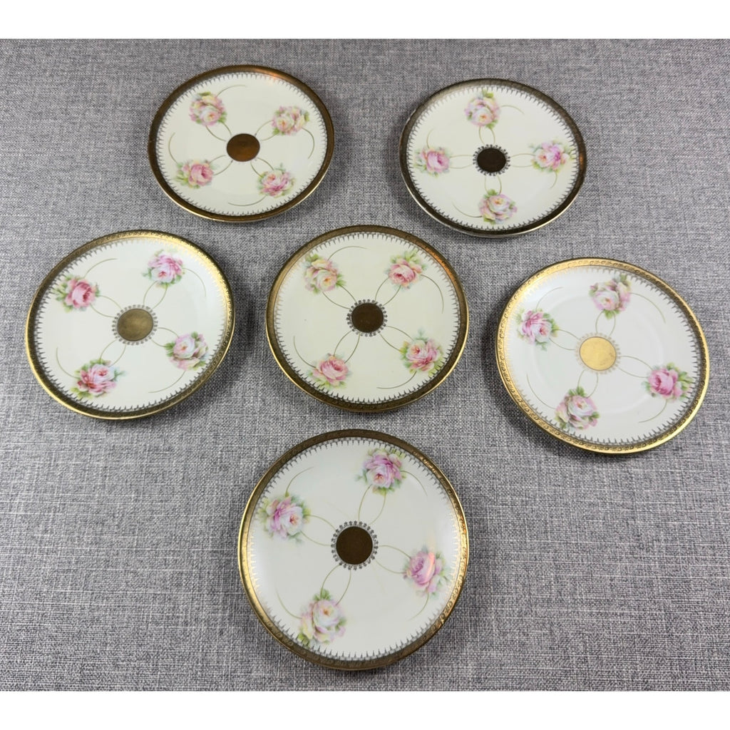 Antique PM Moschendorf Bavaria Hand Painted Rose Plates Set 6 Gold Rim 1895-1910
