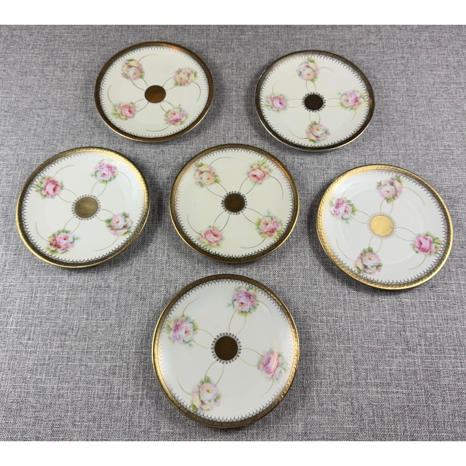 Antique PM Moschendorf Bavaria Hand Painted Rose Plates Set 6 Gold Rim 1895-1910