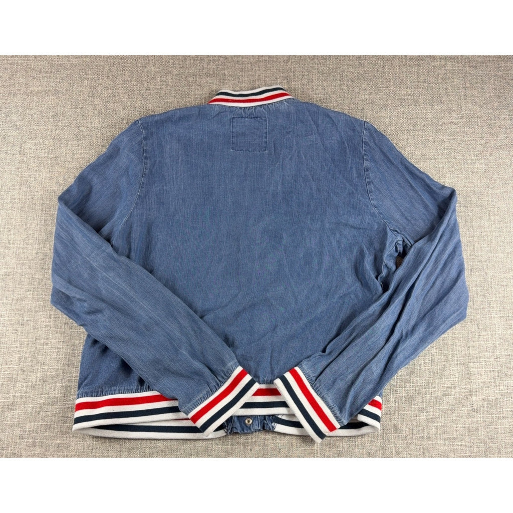 Mossimo Blue Chambray Varsity Bomber Jacket L Americana Striped