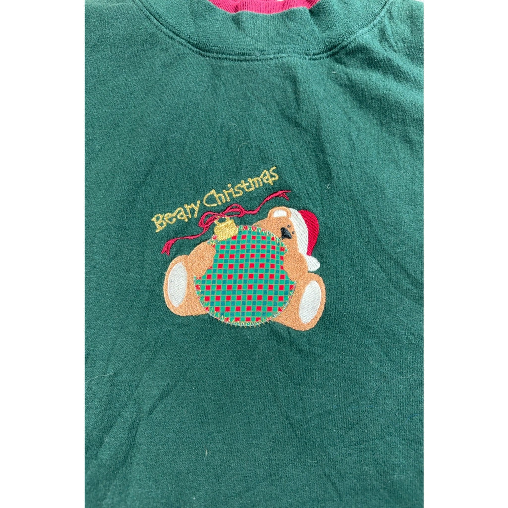 Beary Christmas Teddy Bear Sweatshirt Adult XL Green Embroidered Applique Hanes