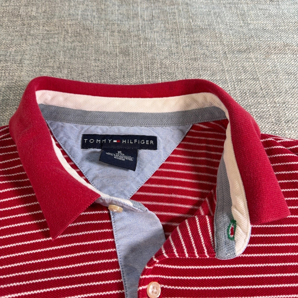 Vintage Y2K Tommy Hilfiger Polo Shirt Mens XL Red White Striped Crest Logo 2000
