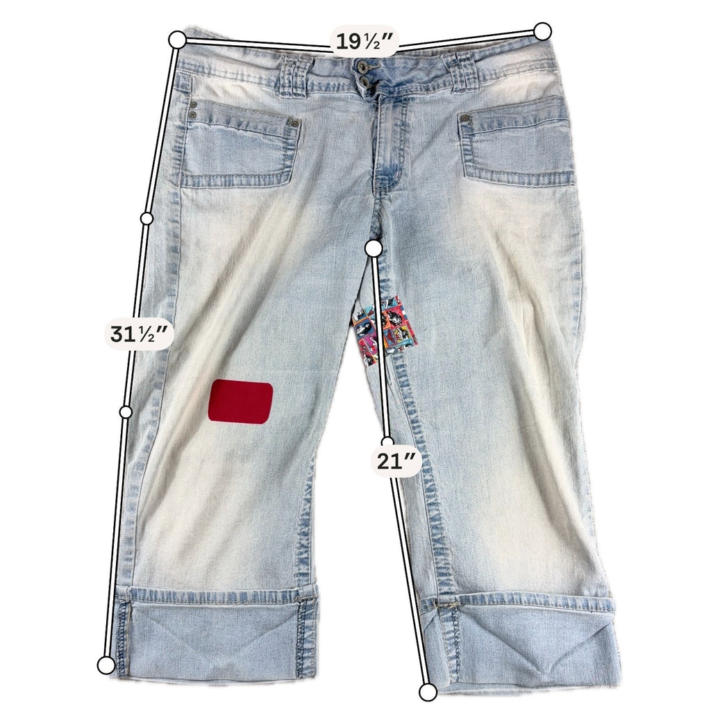 Angels Y2K Light Wash Cuffed Capri Jeans Custom Comic Patch Wide Leg 39 Waist