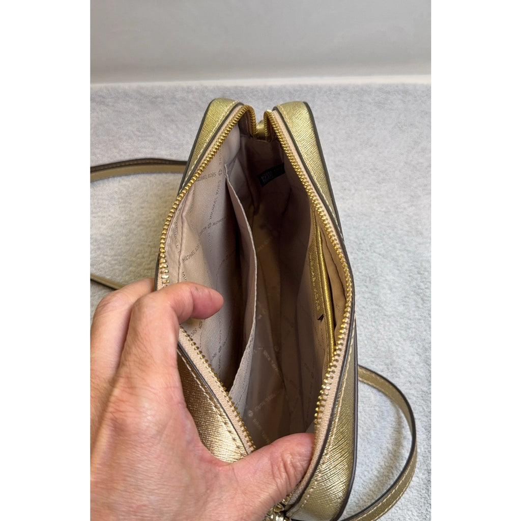 Michael Kors Gold Saffiano Leather Crossbody Bag Chain Strap Zip Top Purse MK