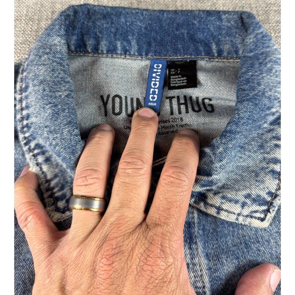 H&M Young Thug Denim Jacket Mens Small Acid Wash Cherub Angel Graphic Blue