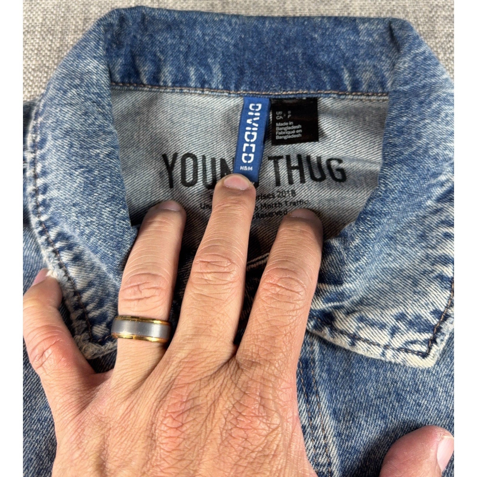 H&M Young Thug Denim Jacket Mens Small Acid Wash Cherub Angel Graphic Blue