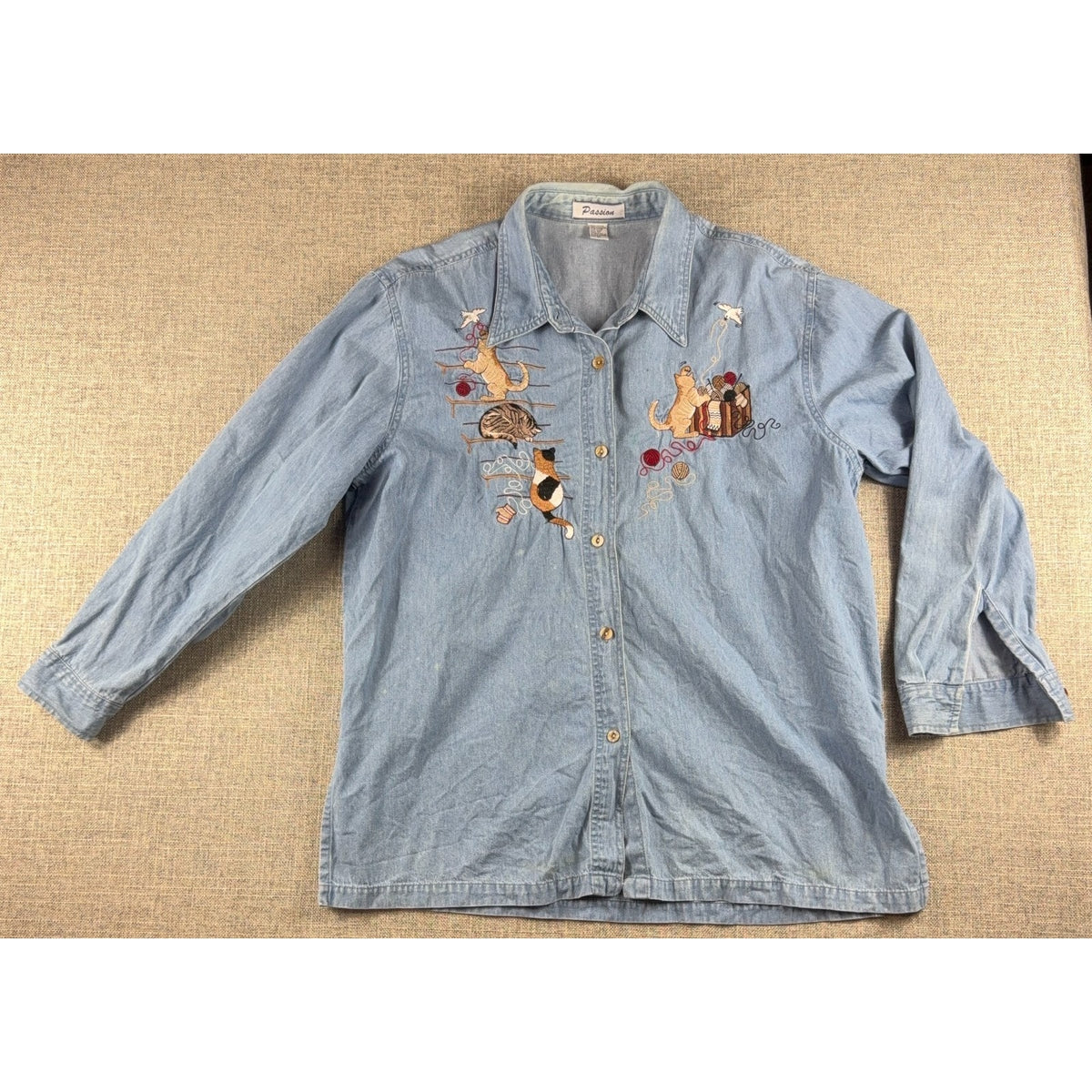 Passion 3XL Embroidered Cat Denim Shirt Womens Chambray Yarn Kittens Cottagecore