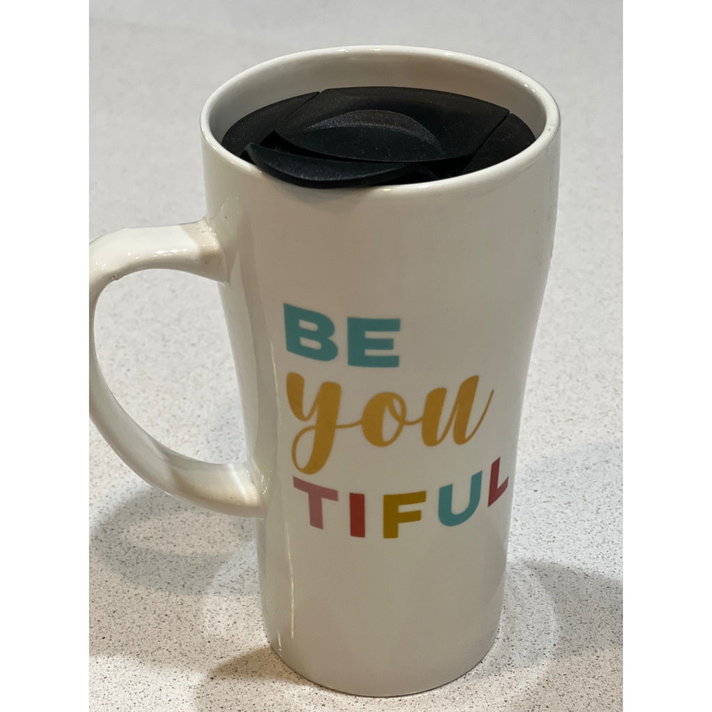 Clay Art Be You Tiful Ceramic Travel Mug With Lid Inspirational Coffee Cup