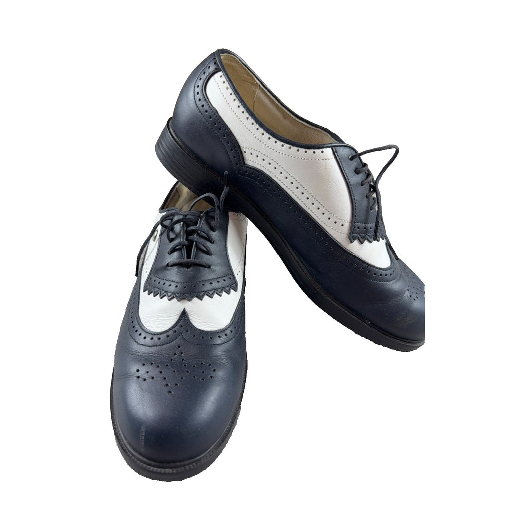 Vintage E-Z Step Golf Shoes 8.5 N Black White Leather Wingtip Made USA Brogue