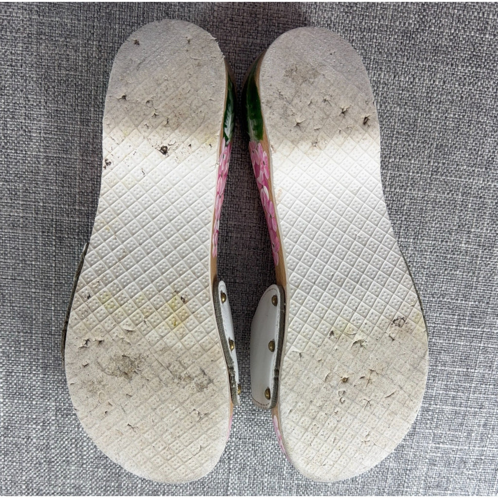 Vintage Style Hand Painted Floral Wooden Clogs White Leather Hydrangea Sandals