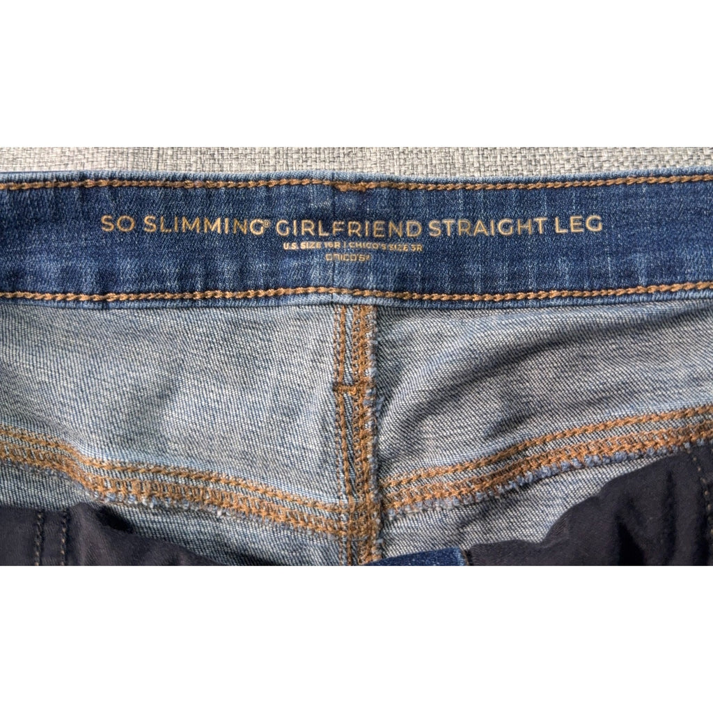 Chico's So Slimming Girlfriend Straight Leg Jeans 3R 16R Dark Wash 38x27