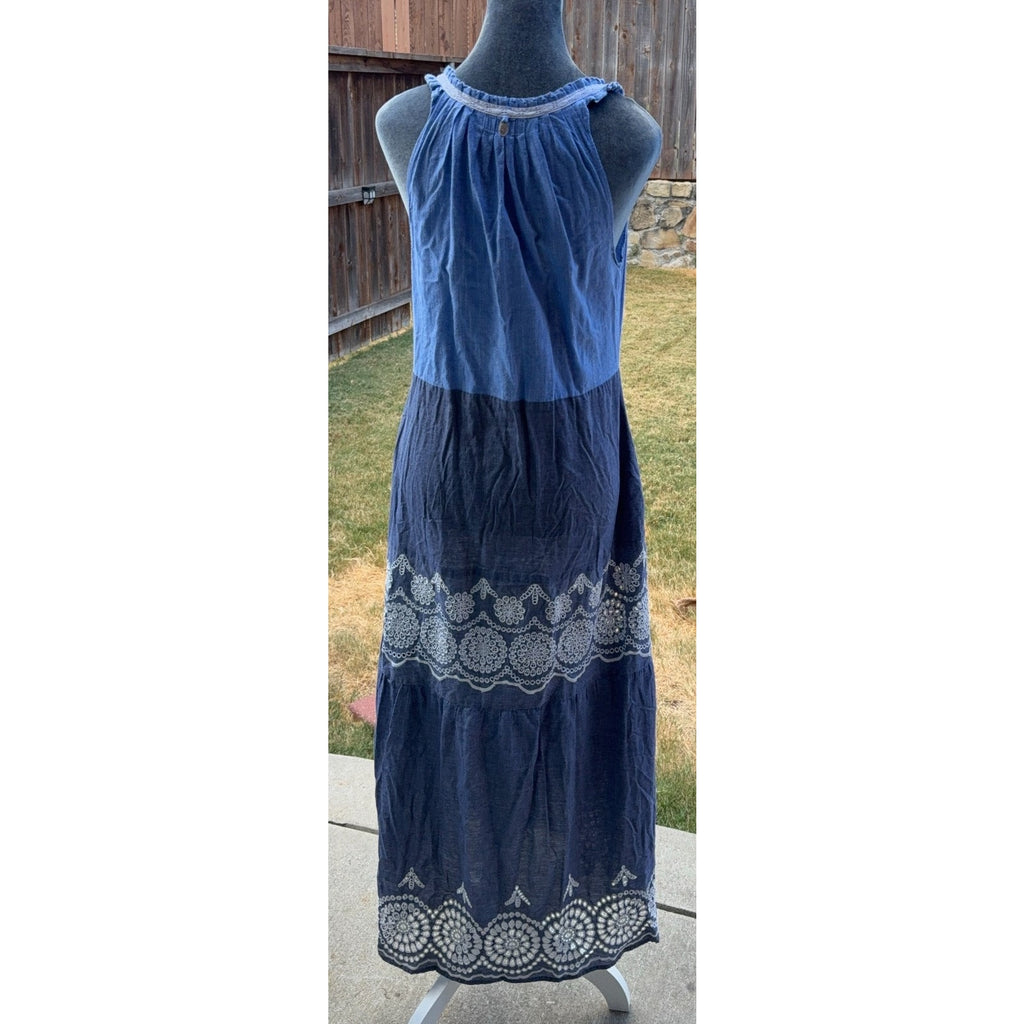 Ruby Yaya Blue Maxi Dress S Boho Embroidered Tiered Sleeveless Resort