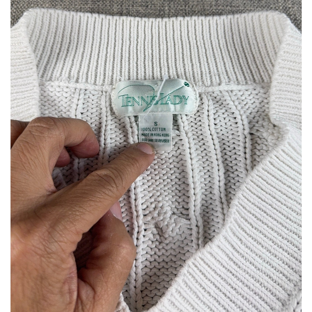 Vintage Tennis Lady Womens S White Cotton Cable Knit V Neck Sweater Preppy