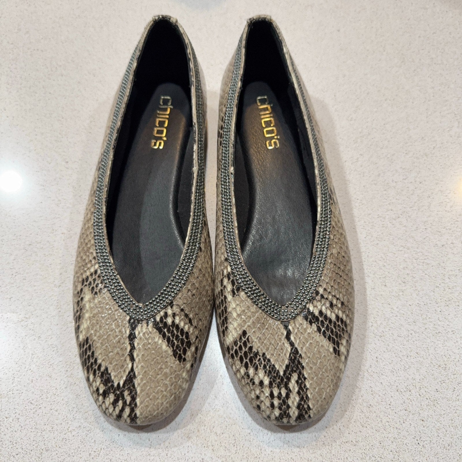 Chico’s Snakeskin Print Ballet Flats Womens 7M Pointed Toe Animal Print Shoes