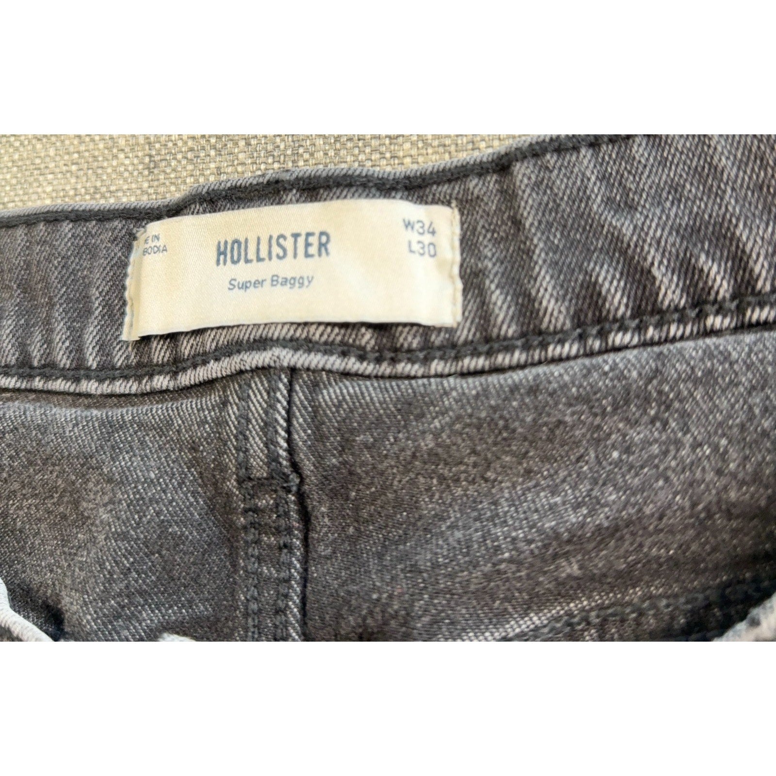 Hollister Super Baggy Jeans Mens 34x30 Gray Black Mushroom Patch Y2K Wide Leg