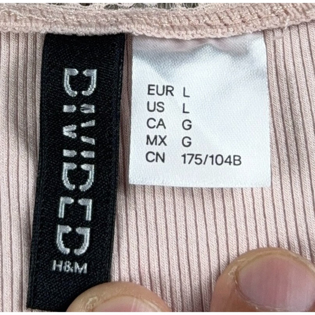H&M Divided Womens Large Pink Ribbed Square Neck Lace Ruched Long Sleeve Top