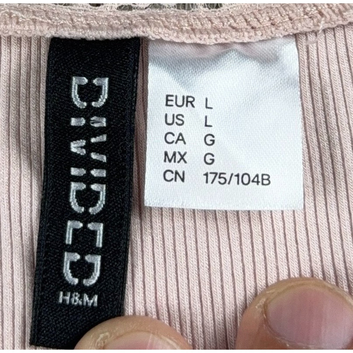 H&M Divided Womens Large Pink Ribbed Square Neck Lace Ruched Long Sleeve Top