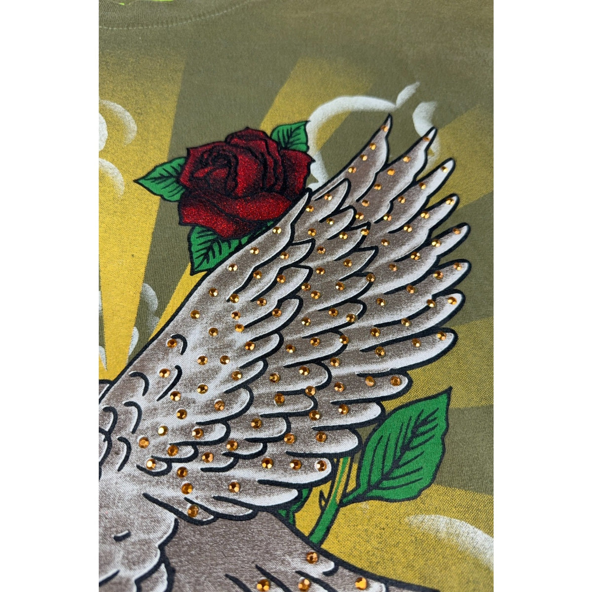 Avirex Mens L Eagle Roses Graphic T Shirt Rhinestone Studded Olive Green Y2K