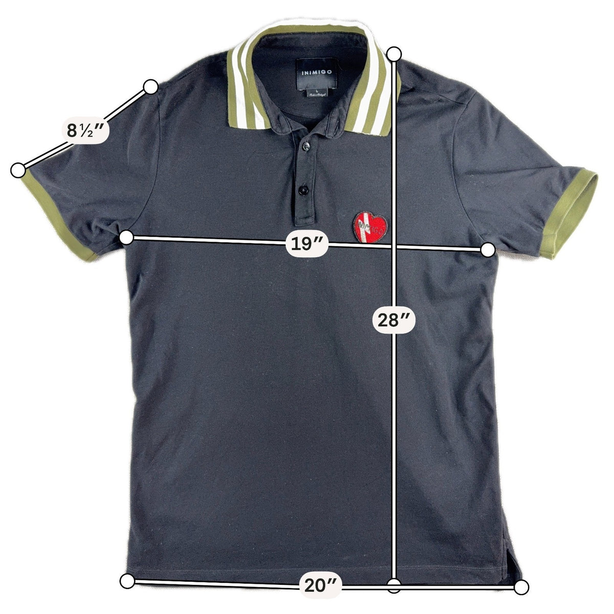 INIMIGO Contrast Heart Polo Shirt Men's L Black Olive Made in Portugal