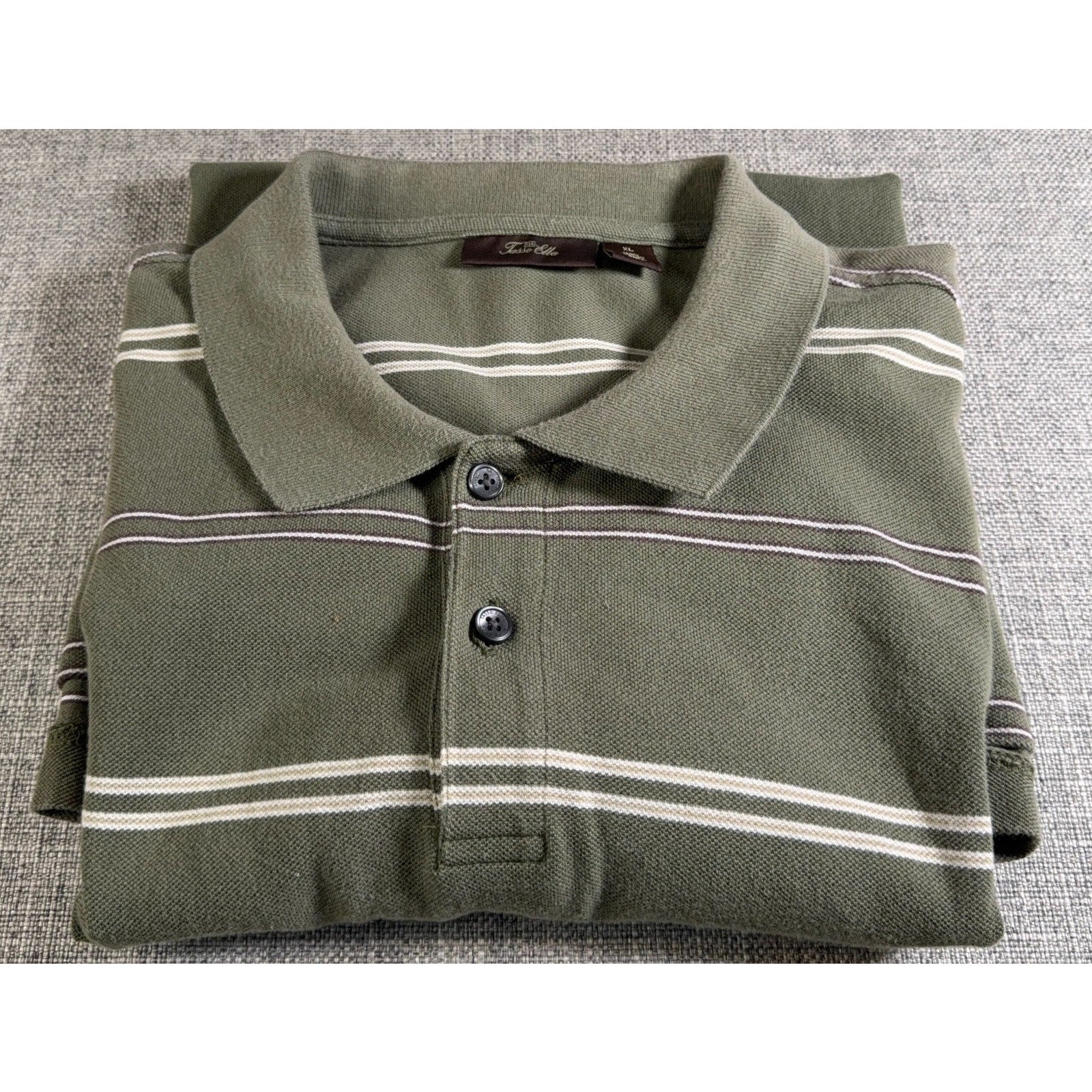 Tasso Elba Mens XL Olive Green Striped Polo Shirt 100% Cotton Short Sleeve Casua