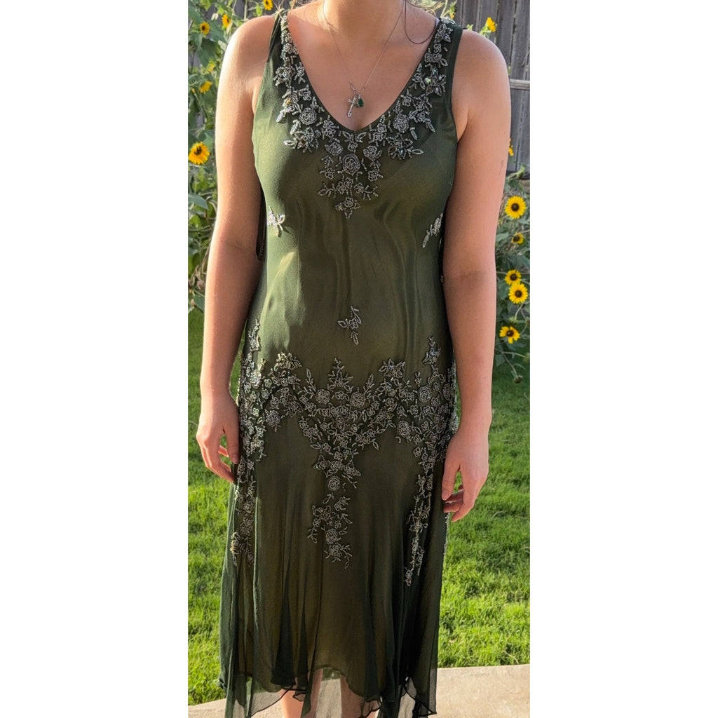 Scala 100% Silk Beaded Dress Jacket Set Womens L Green Formal Evening