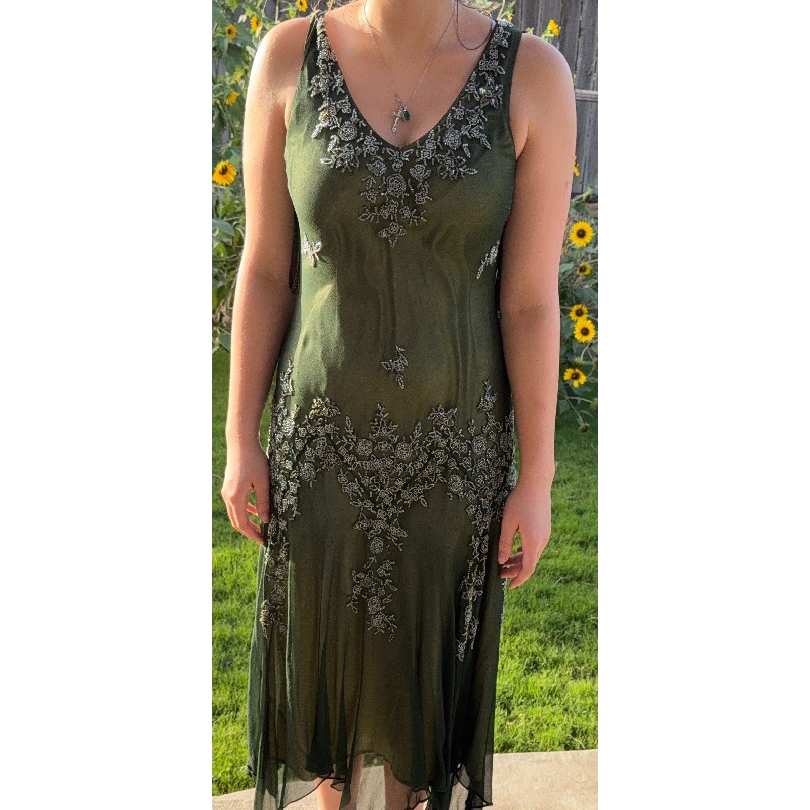 Scala 100% Silk Beaded Dress Jacket Set Womens L Green Formal Evening