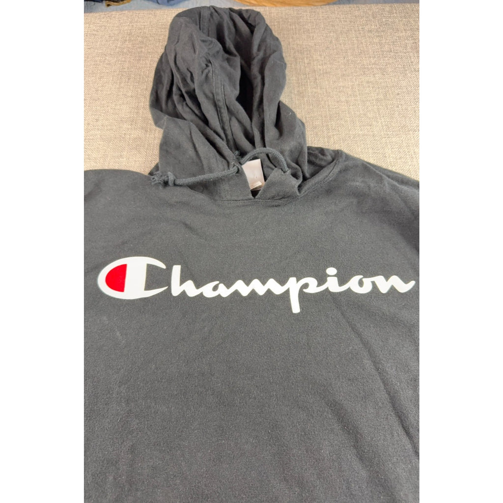 Champion Mens XL Black Lightweight Jersey Hoodie Script Logo Cotton T4177