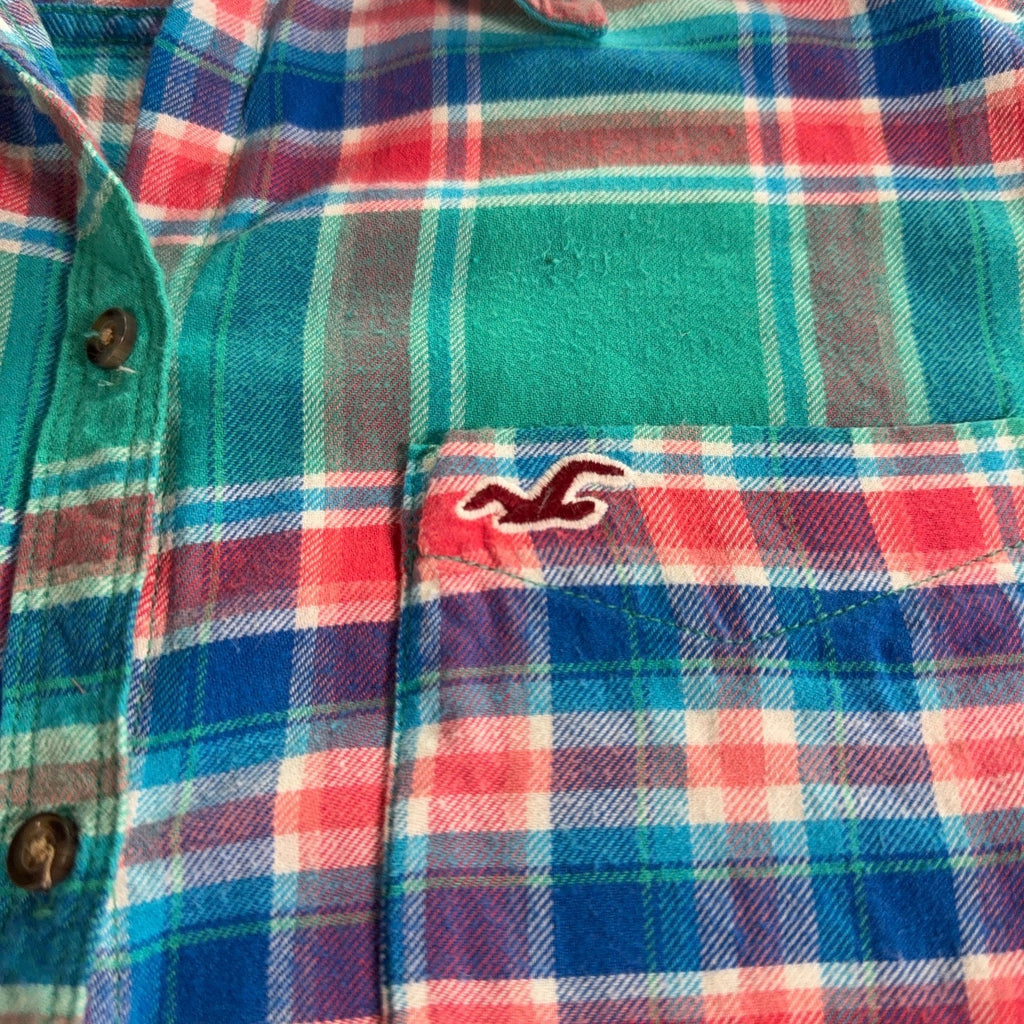 Hollister Flannel Shirt Large Teal Blue Red Plaid Long Sleeve Button Up