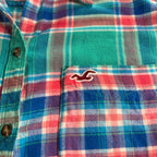 Hollister Flannel Shirt Large Teal Blue Red Plaid Long Sleeve Button Up