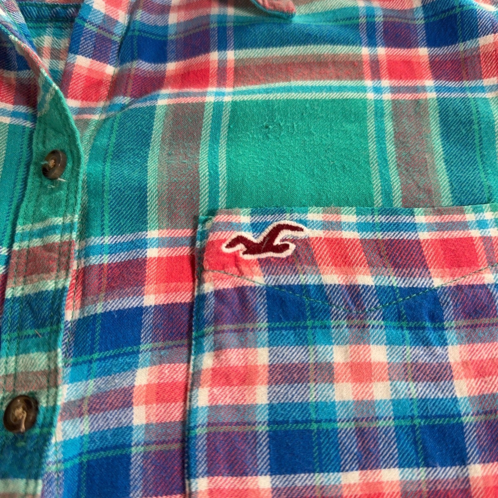 Hollister Flannel Shirt Large Teal Blue Red Plaid Long Sleeve Button Up