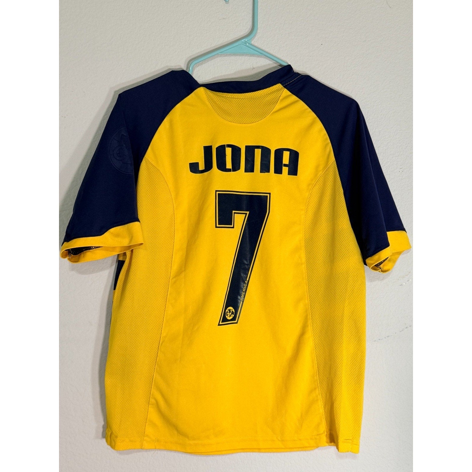 Club America JONA 7 Soccer Jersey Youth Large Yellow Blue BIMBO Mexico Futbol