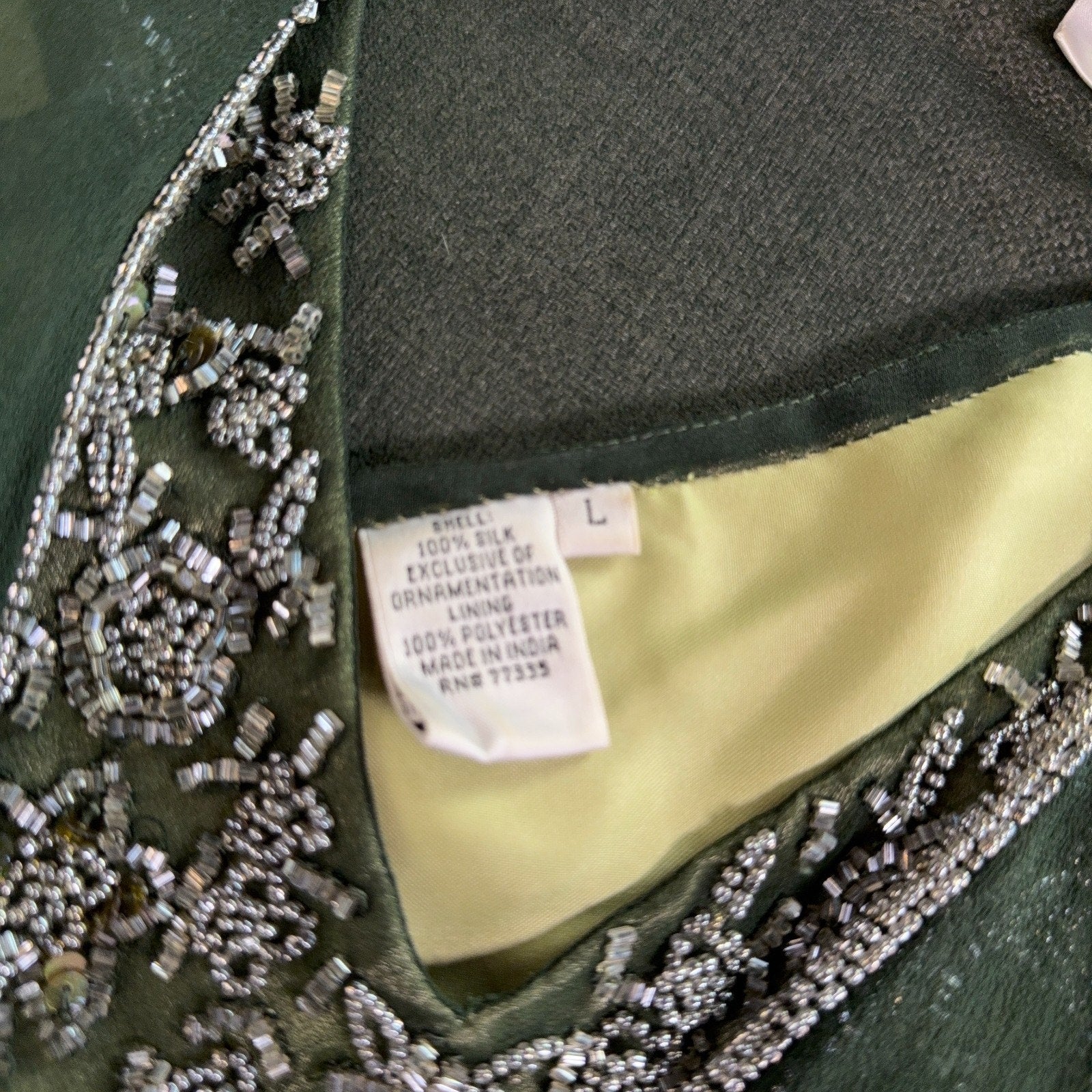 Scala 100% Silk Beaded Dress Jacket Set Womens L Green Formal Evening