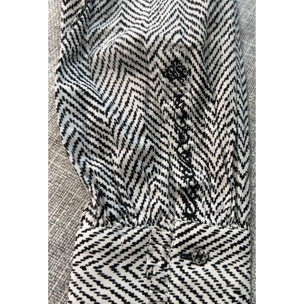 Robert Graham Women's S Black White Herringbone Embroidered Shirt Silk Trim