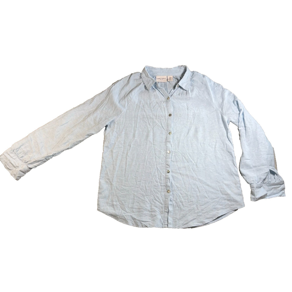 Laura Ashley Linen Blend Blouse Women M Blue Balloon Sleeve Button Front
