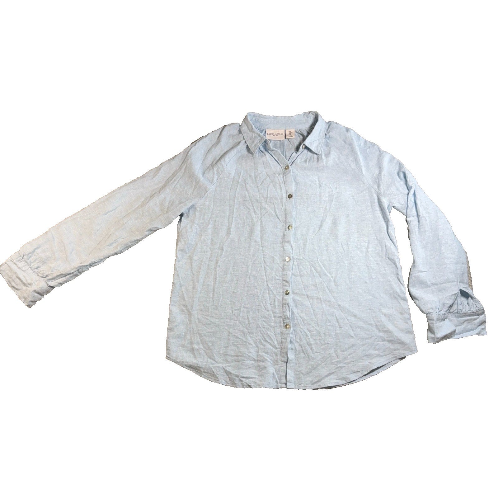 Laura Ashley Linen Blend Blouse Women M Blue Balloon Sleeve Button Front
