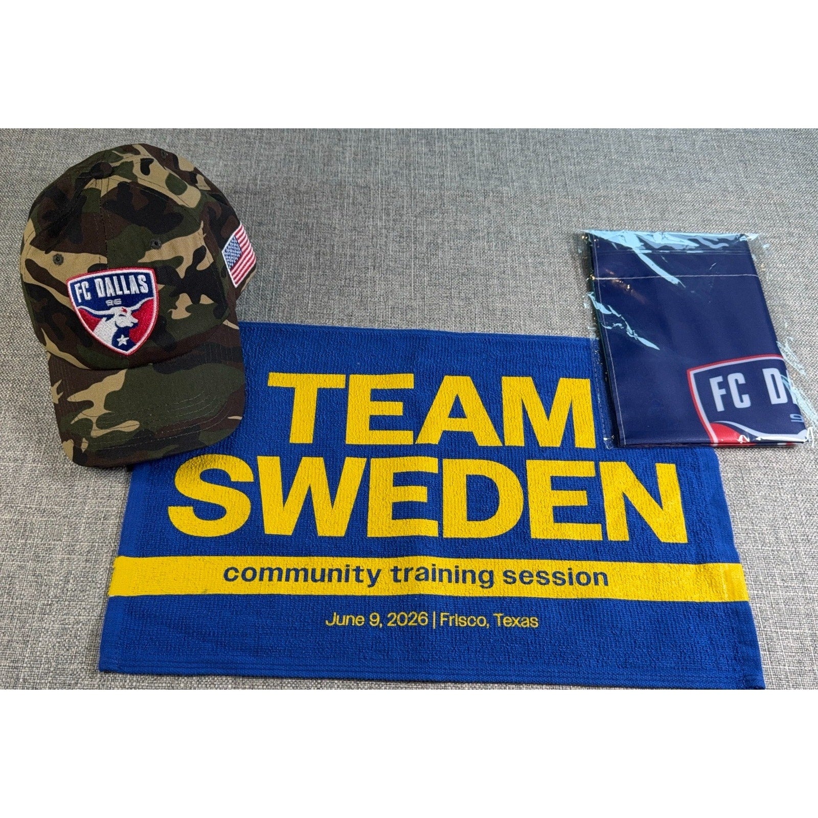 FC Dallas 2026 Giveaway Lot Camo Hat Unopened Yard Flag Team Sweden Towel MLS