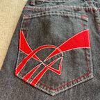 Chams Denim Jeans Mens 32x31 Gray Black Red Embroidered Pockets Y2K Straight