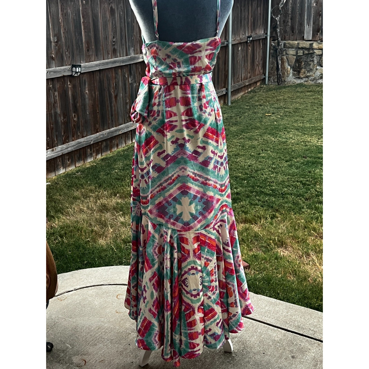 Flying Tomato Maxi Dress Womens M Abstract Watercolor Wrap High Low Ruffle Boho