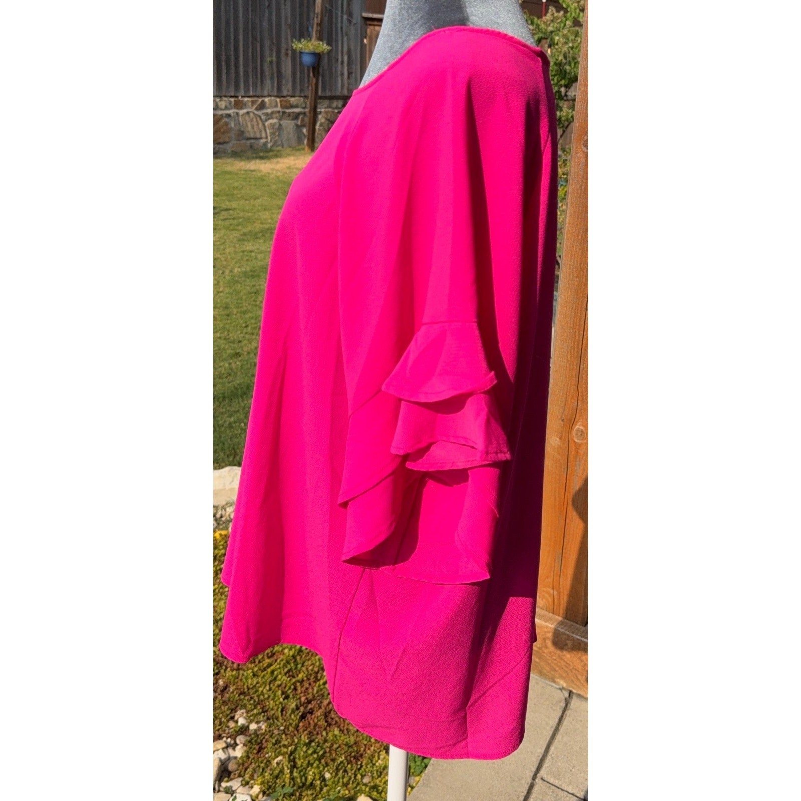 Umgee Women’s Large Hot Pink Blouse Layered Ruffle Bell Sleeve Boho Tunic Top