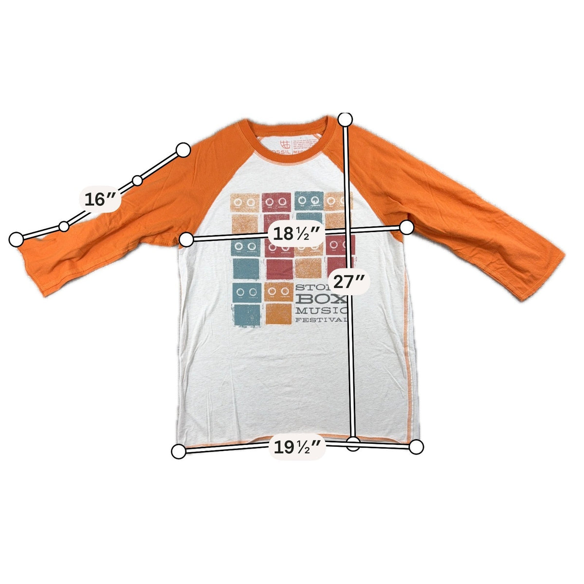 Fossil Stomp Box Music Festival Raglan Shirt Medium Orange 3/4 Sleeve Y2K