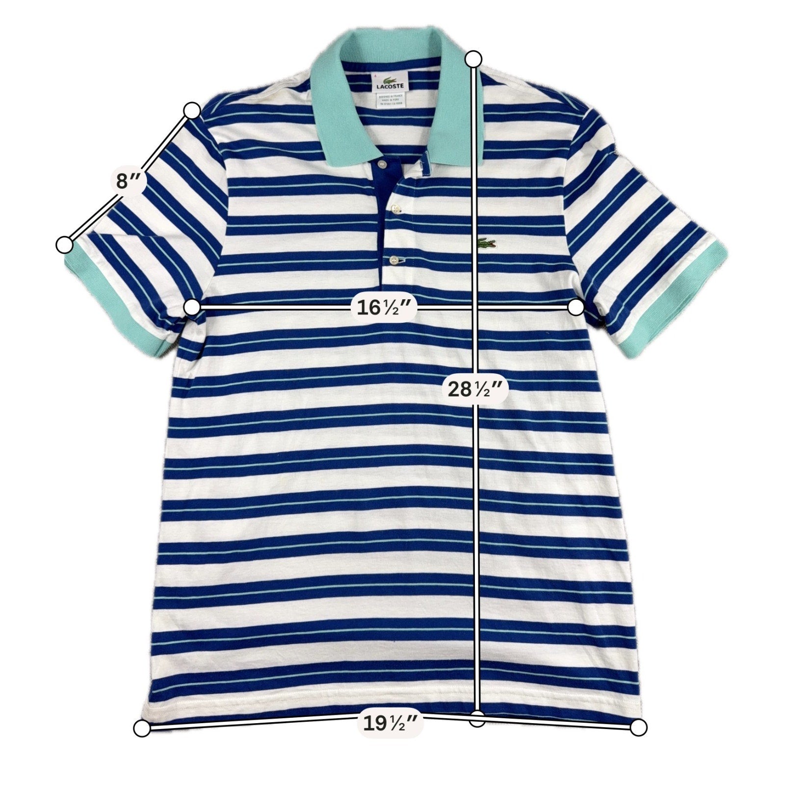 Lacoste Polo Shirt Men M Size 4 Blue White Stripe Aqua Collar Cotton
