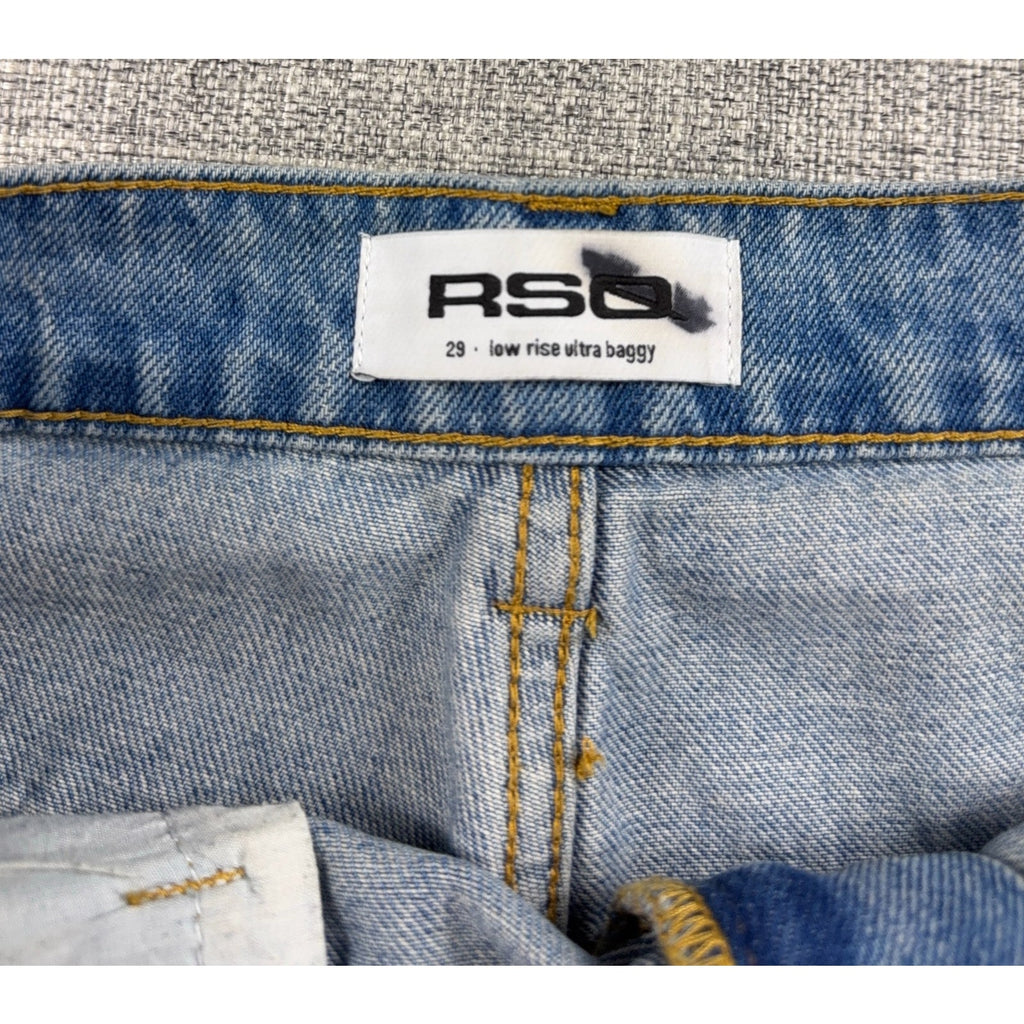 RSQ Low Rise Ultra Baggy Jeans Womens 29 Custom Rose Embroidered Light Wash