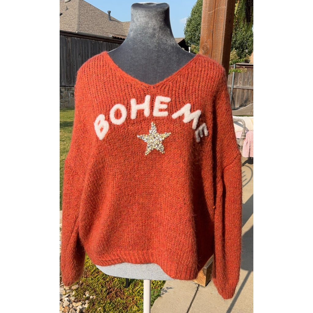 Boheme Made in Italy Sweater Womens Rust Orange Rhinestone Star Oversized Knit