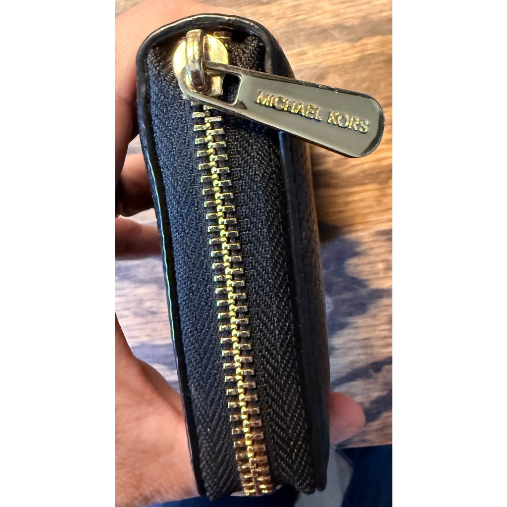 Michael Kors Wallet Black Zip Around Continental Pebbled Leather Gold Logo Women